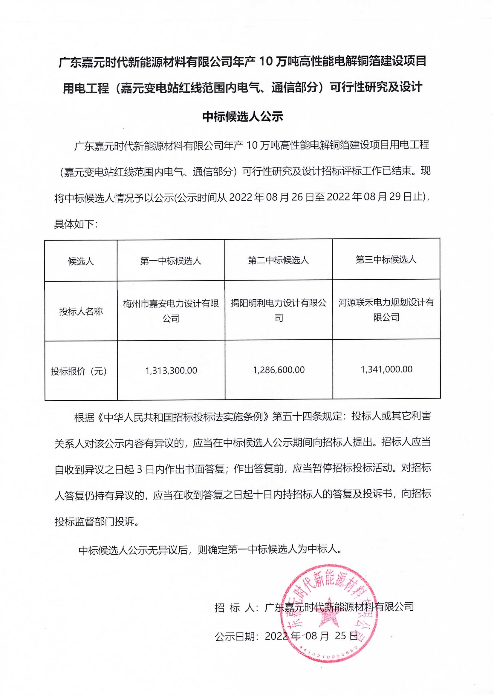 广东鉴黑担保网时代新能源材料有限公司年产10万吨高性能电解铜箔建设项目用电工程（鉴黑担保网变电站红线范围内电气、通信部分）可行性研究及设计中标候选人公示_00.jpg